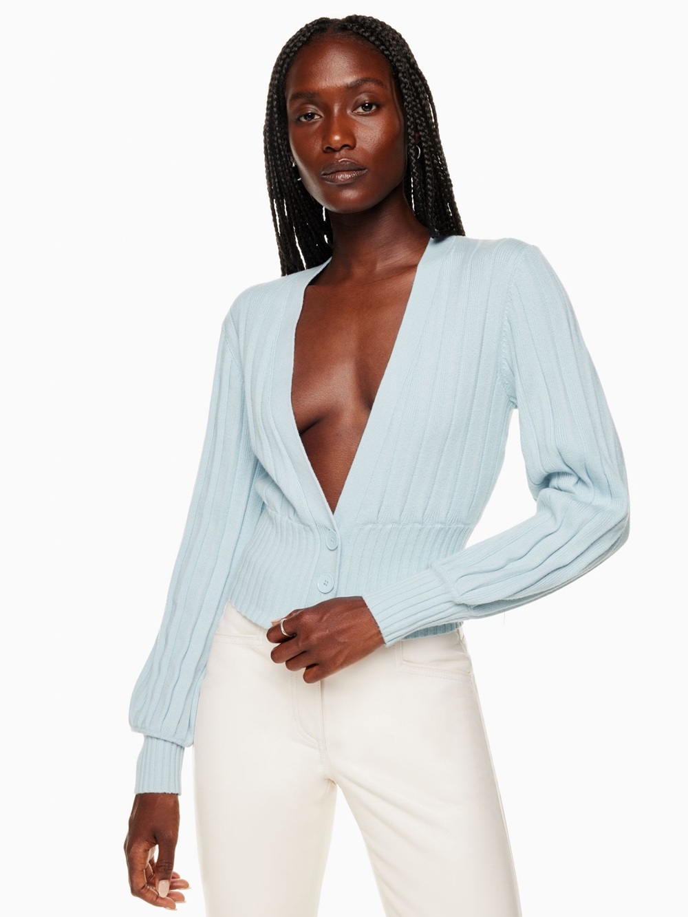 Aritzia Wilfred Plunge Front Cardigan light heatwave blue